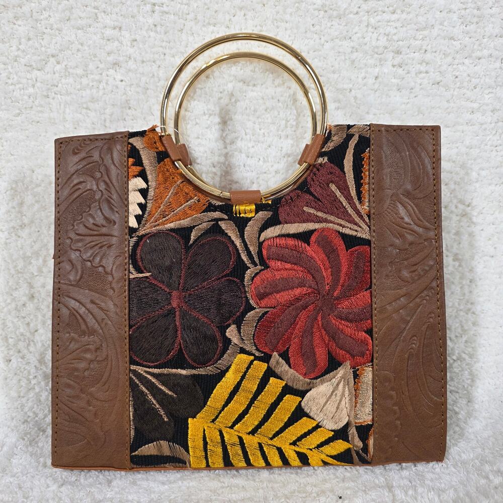 Chiapas Loom Mexican Brown Tooled Leather Handbag with Gold Tone Ring Handles